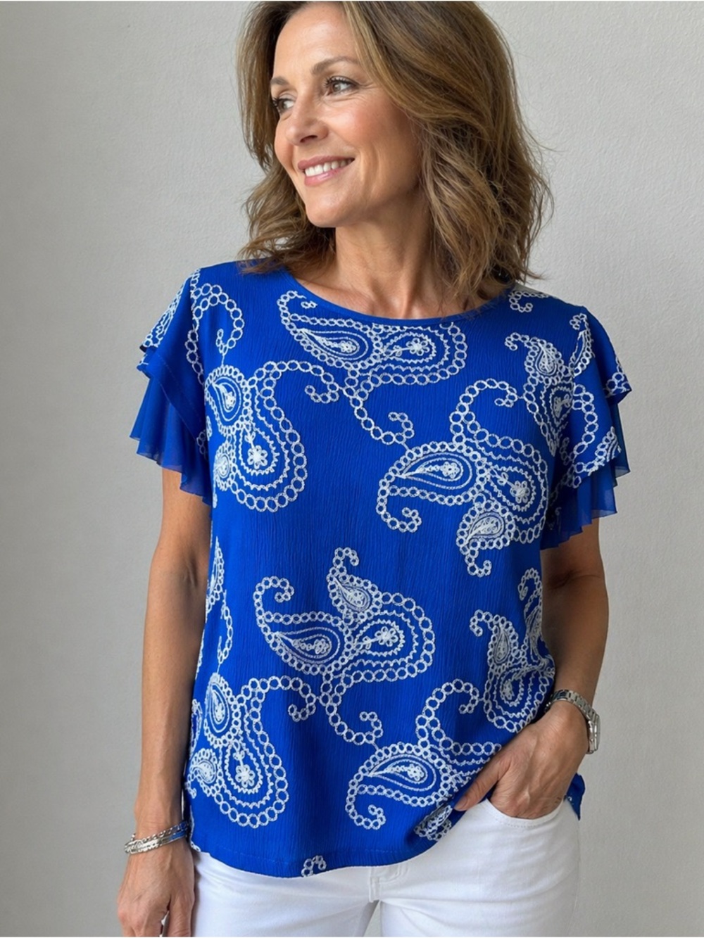 LIV Los Angeles Blouse Womens M Blue Embroidered Rayon Teacher Office Boho